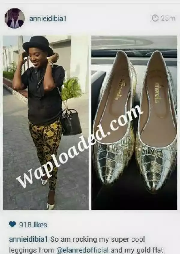 Annie Idibia showing off her new golden shoes