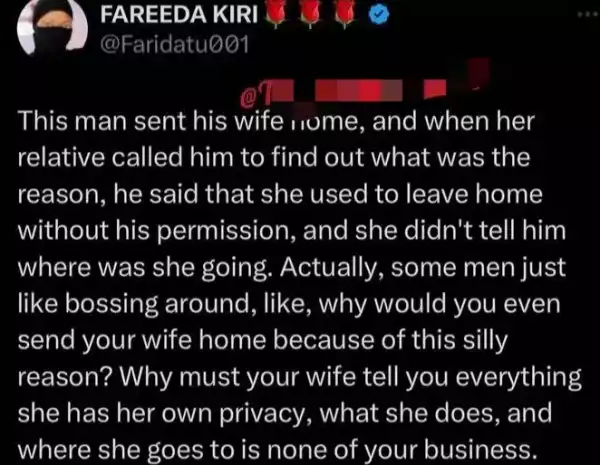 Man Sends Wife Back To Her Father’s House For Leaving Home Without His Permission