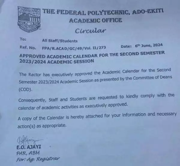 Fed Poly Ado releases approved academic calendar, 2023/2024