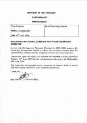 UNIPORT notice to returning students on resumption for second semester, 2023/2024 session