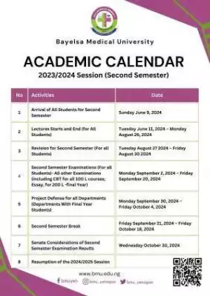 Bayelsa Medical University second semester academic calendar, 2023/2024