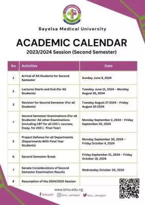 Bayelsa Medical University second semester academic calendar, 2023/2024
