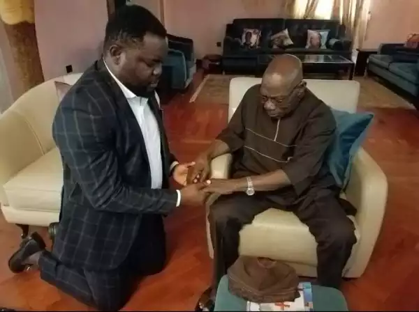 Christoper Imumolen Kneels Before Obasanjo For Prayers
