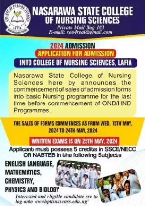 Nasarawa College Of Nursing Sciences, Lafia Basic Nursing admission form, 2024/2025