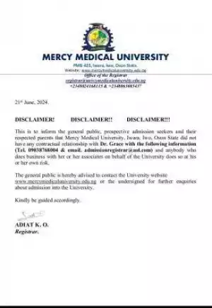 Mercy Medical University issues disclaimer notice