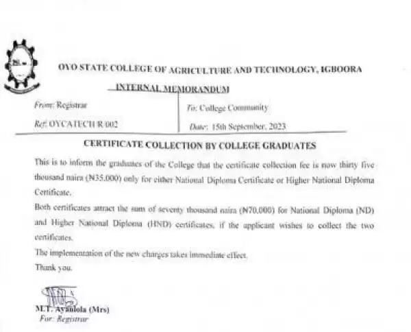 OYSCATECH notice on collection of certificates by college graduates