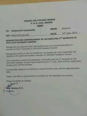 Fed Poly Nekede resumption & commencement of lectures for 2nd semester, 2023/2024