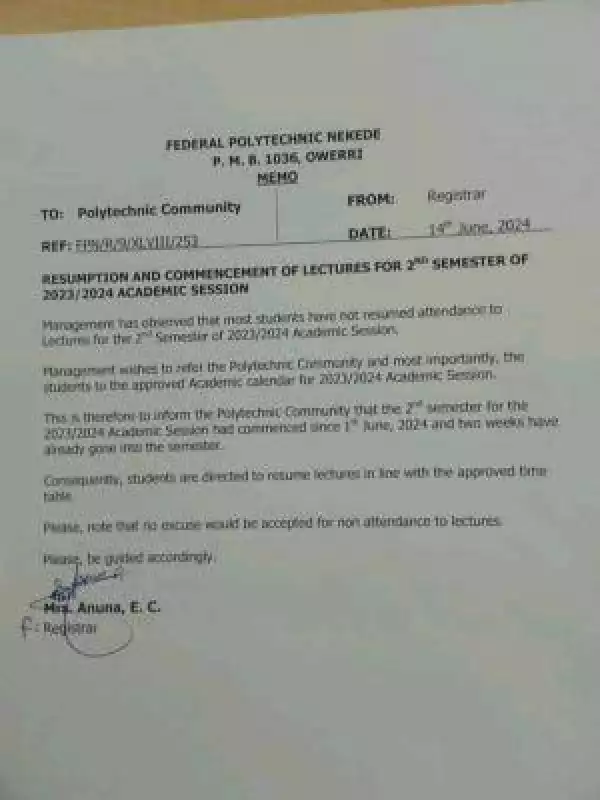Fed Poly Nekede resumption & commencement of lectures for 2nd semester, 2023/2024