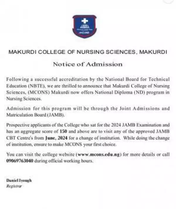 Makurdi College Of Nursing Sciences releases ND in Nursing admission form, 2024/2025