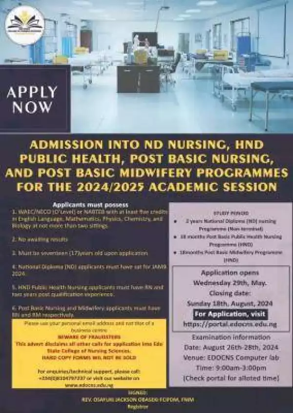 Edo State College of Nursing admission form, 2024/2025