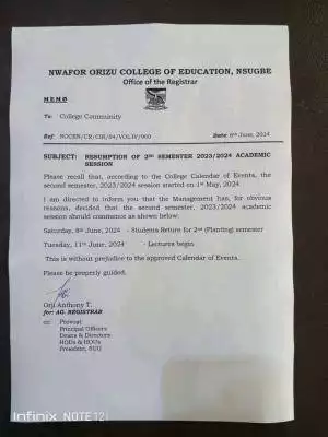 Nwafor Orizu COE notice on resumption of 2nd semester, 2023/2024