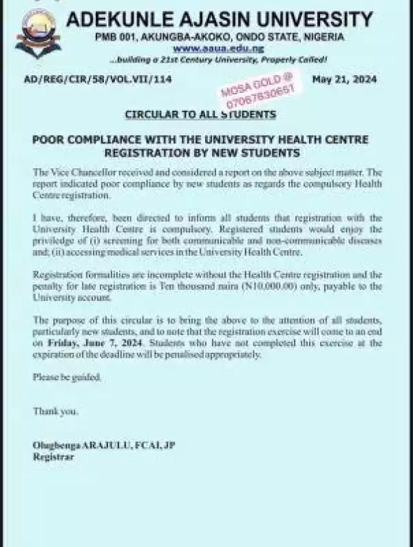 AAUA notice of health center registration by new students
