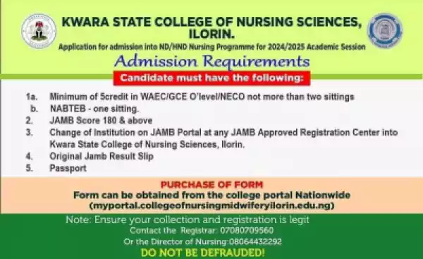 Kwara State College of Nursing, Ilorin Basic Nursing Admission 2024/2025