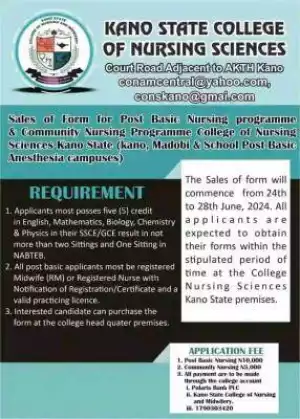 Kano College of Nursing Sciences releases Post Basic & Community Nursing form, 2024/2025