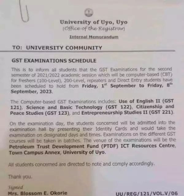 University of Uyo notice on GST examinations schedule, 2021/2022