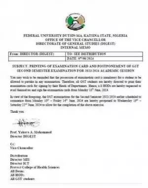 FUDMA notice on examination card and postponement of GST exams