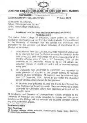 Aminu Saleh COE notice on certificate payment for undergraduate programmes