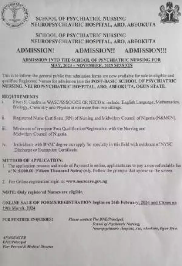 School of Psychiatric Nursing, Abeokuta releases Nursing admission form - 2024