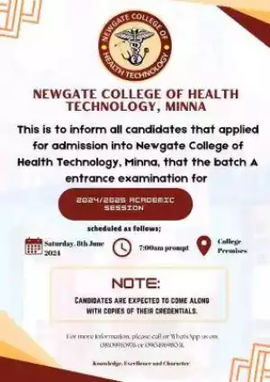 Newgate College of Health Technology, Minna Batch A entrance exam date, 2024/2025