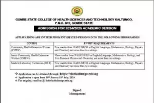 Gombe State College of Health Sciences & Tech. Admission Form, 2024/2025