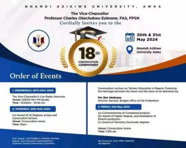 UNIZIK order of events for the 18th convocation ceremony