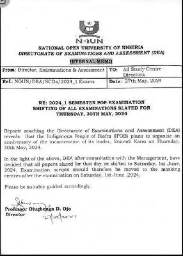 NOUN shifts examinations slated for 30th May