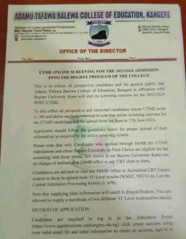 Adamu Tafawa Balewa COE in affiliation with BUK releases degree admission form, 2023/2024