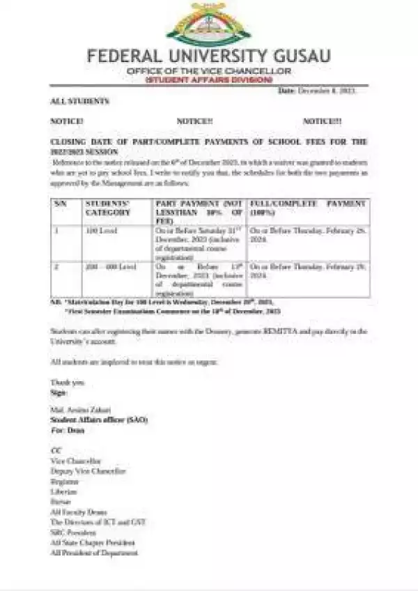 FUGUSAU notice to students on closing date for part/complete payments of school fees, 2022/2023