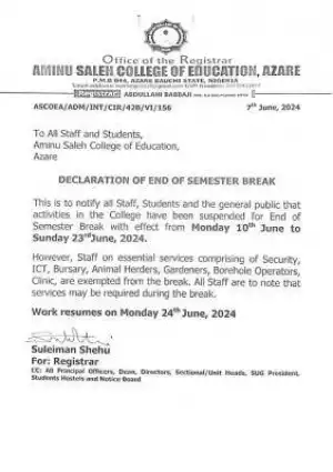 Aminu Saleh COE notice on end of semester break