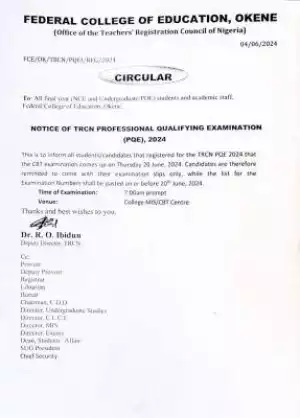 FCE Okene notice of TRCN Professional Qualifying examination (PQE), 2024
