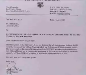 UNIJOS directs students to vacate hostels following conclusion of 2022/2023 session