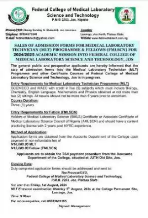 Federal College of Medical Laboratory Science and Tech, Jos admission form, 2024/2025