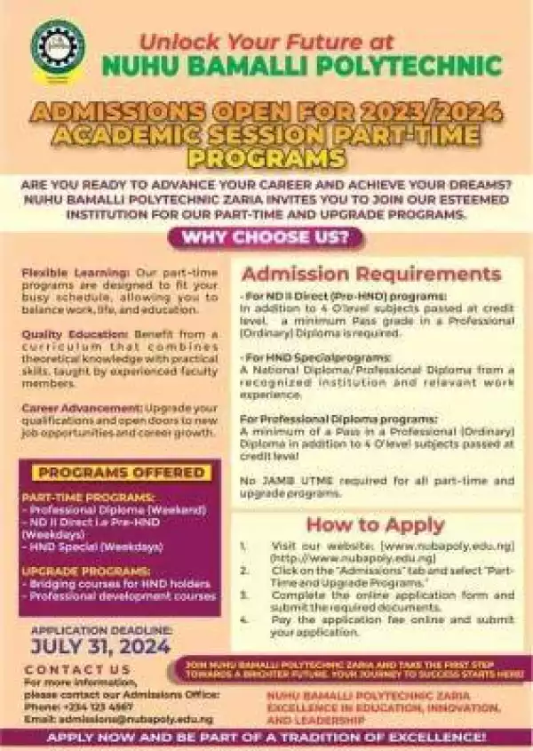 Nuhu Bamalli Poly releases Part Time admission form, 2023/2024