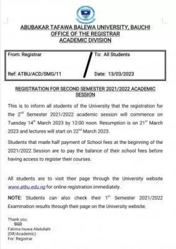ATBU notice on registration for second semester, 2021/2022