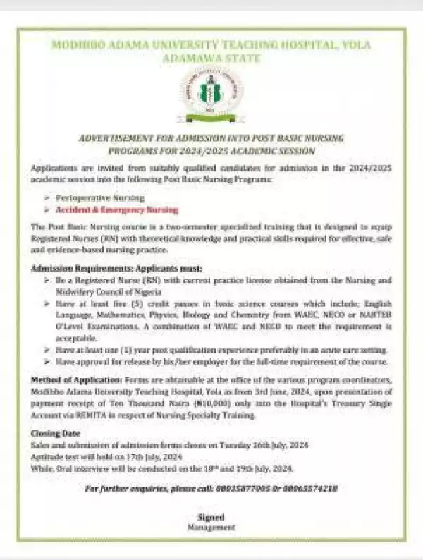 Modibbo Adama University Teaching Hospital Post Basic Nursing form, 2024/2025