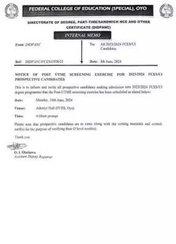 UI-FCES Oyo notice on PostUTME screening Date, 2023/2024