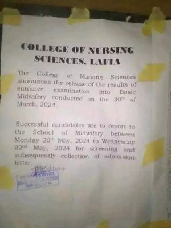 College of Nursing Sciences Lafia releases basic Midwifery entrance exam results - March 2024