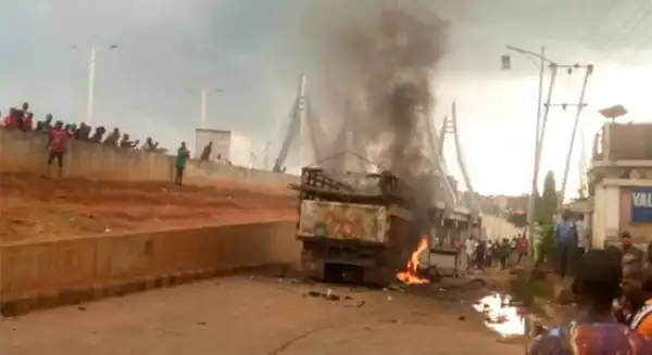 AJAH CHAOS!! Area Boys Allegedly Set Truck Ablaze For Killing Dispatch Rider And A 15-year-old Boy