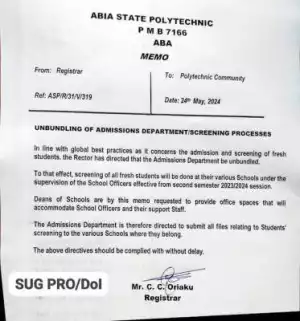 Abia Poly notice on unbundling of admissions and screening processed