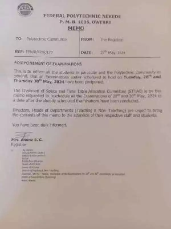 Fed Poly Nekede notice on postponement of examination