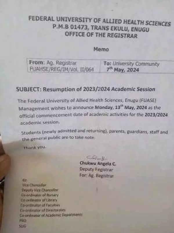 Fed University of Allied Health Sciences, Enough notice of resumption, 2023/2024