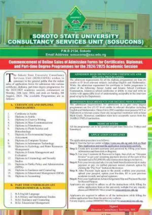 Sokoto State University Diploma, Certificate & Part Time admission form, 2024/2025