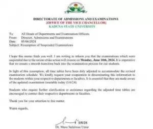 KASU notice on resumption of suspended examination
