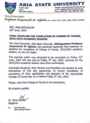 ABSU final deadline for completion of change of course, 2023/2024 Academic Session