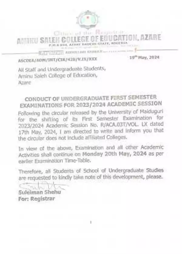 Aminu Saleh COE update on conduct of degree 1st semester exam, 2023/2024