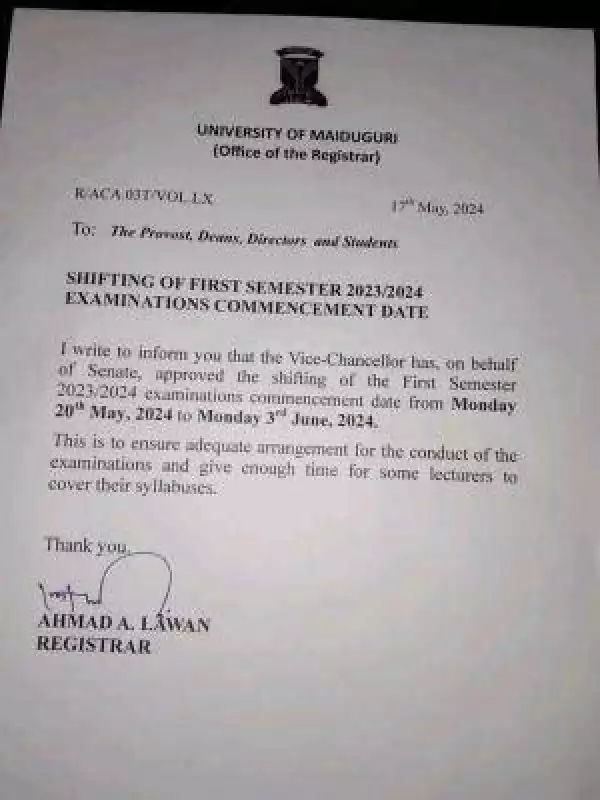 UNIMAID notice on shifting of 2023/2024 first semester examination date