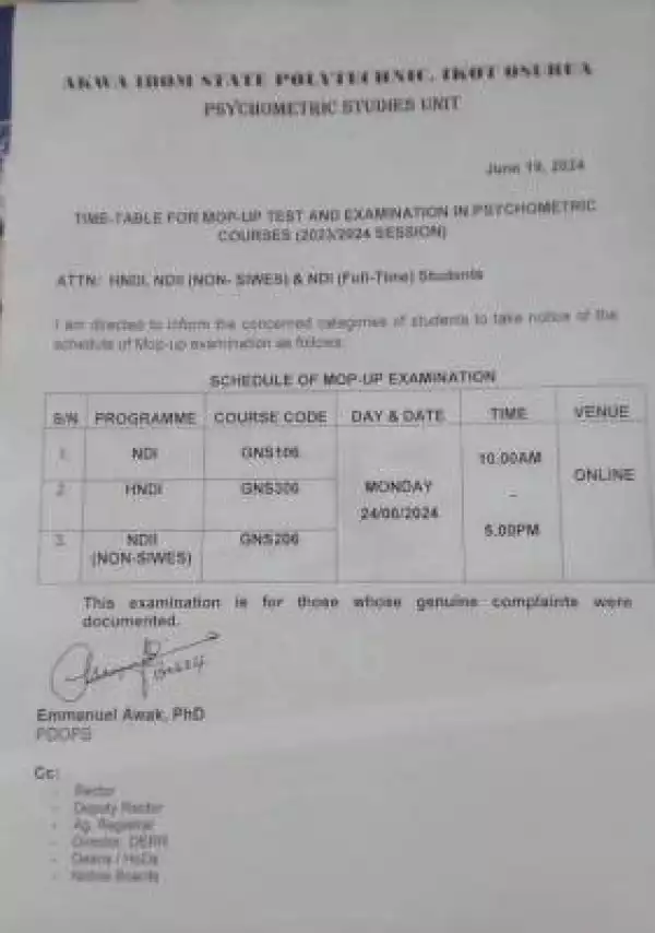 Akwa Poly mop-up timetable for psychometric test and examination