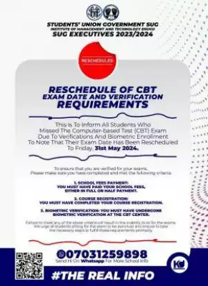 IMT Enugu notice on rescheduled CBT Exam and verification requirements