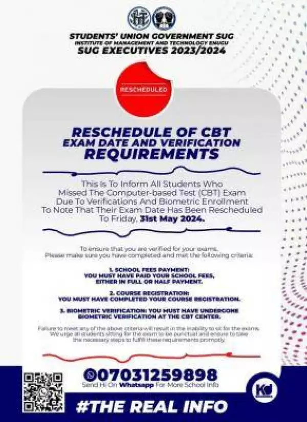 IMT Enugu notice on rescheduled CBT Exam and verification requirements