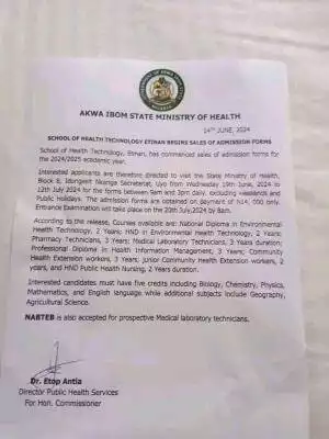 Akwa Ibom College of Health Tech Etinan releases admission form, 2024/2025
